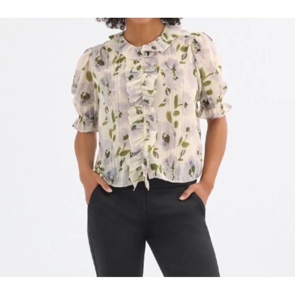 CAbi Tops - Cabi Printed Cherish Blouse Womens S Sage Green Sheer Cottagecore Romantic